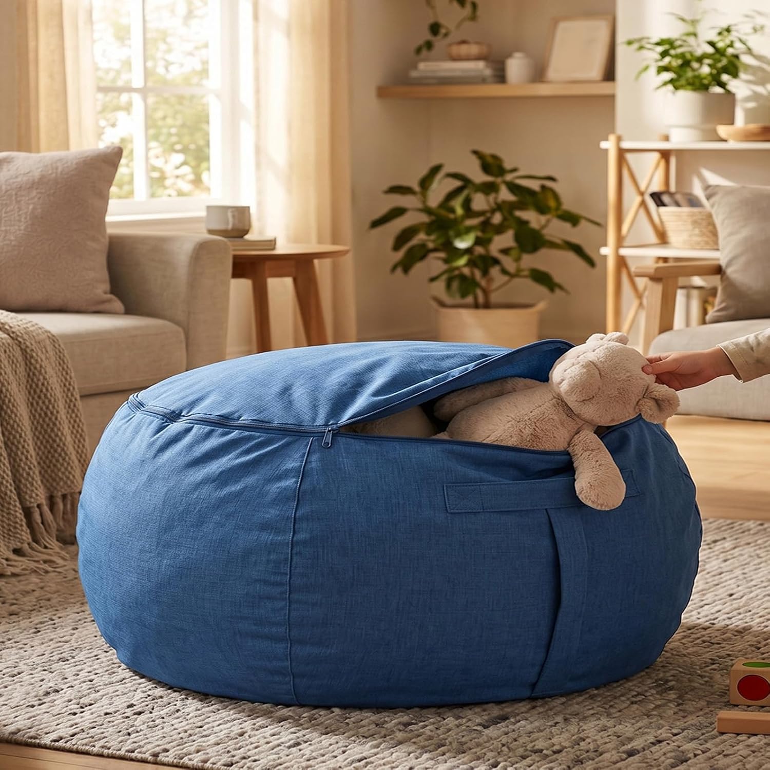 Stuffed Animal Storage Bean Bag Cover Round Foot Stool (Blue)