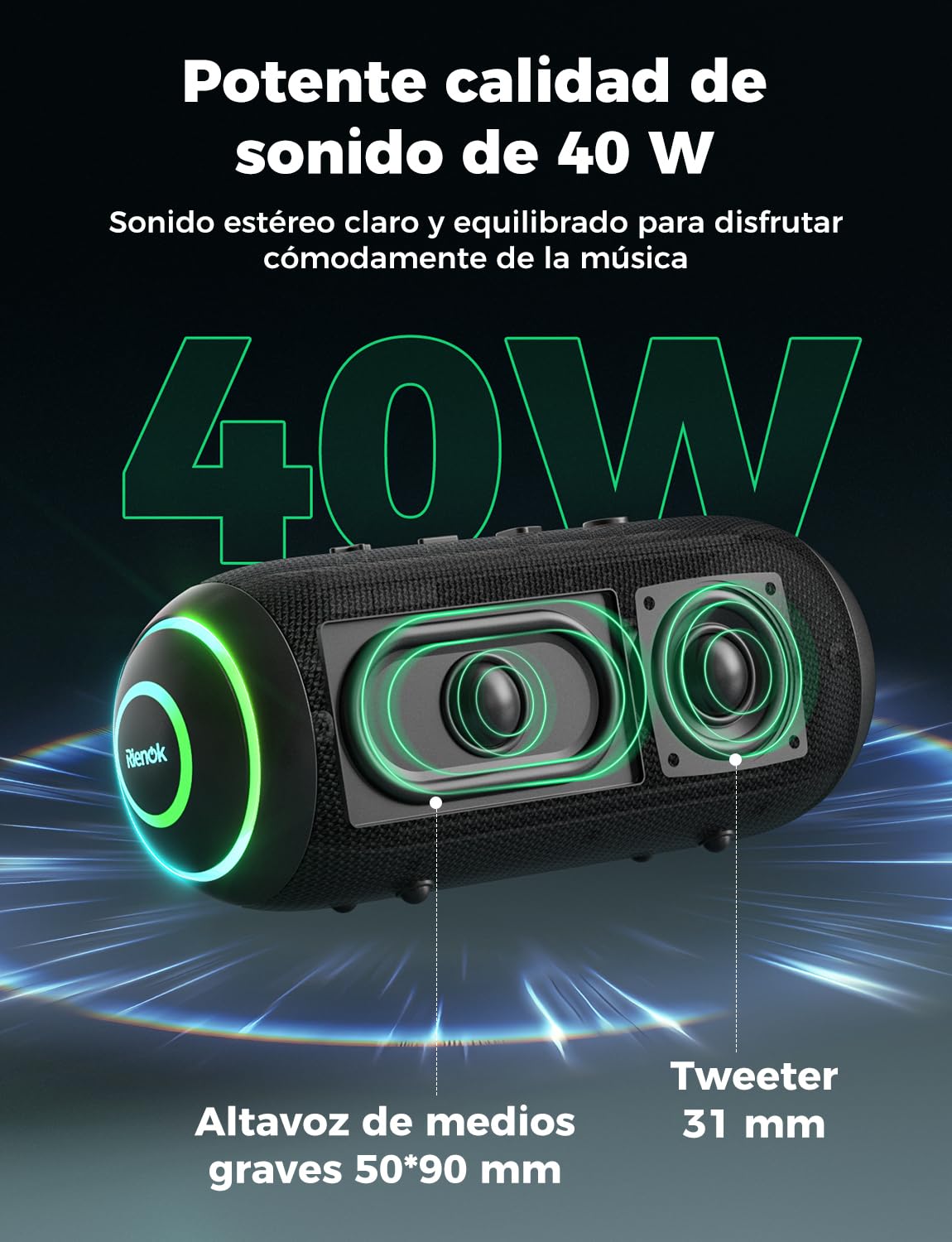 RIENOK Altavoz Bluetooth Potente 40W Impermeable IPX7 5200mAh Tweeter y Woofer Bluetooth 5.3 Portátil Inalámbrica Emparejamiento Estéreo Apoya Tarjeta TF, AUX