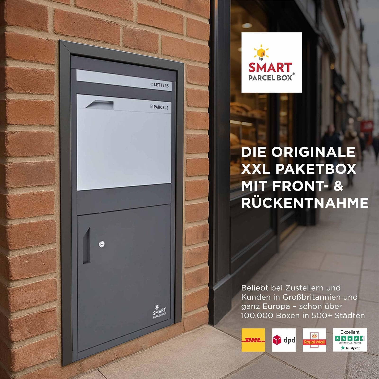 Smart Parcel Box Paketbox XXL - Paketbriefkasten wetterfest, grau | Briefkasten mit Paketfach draußen groß, Entnahme hinten & vorne, rostfrei, verzinkter Stahl, pulverbeschichtet