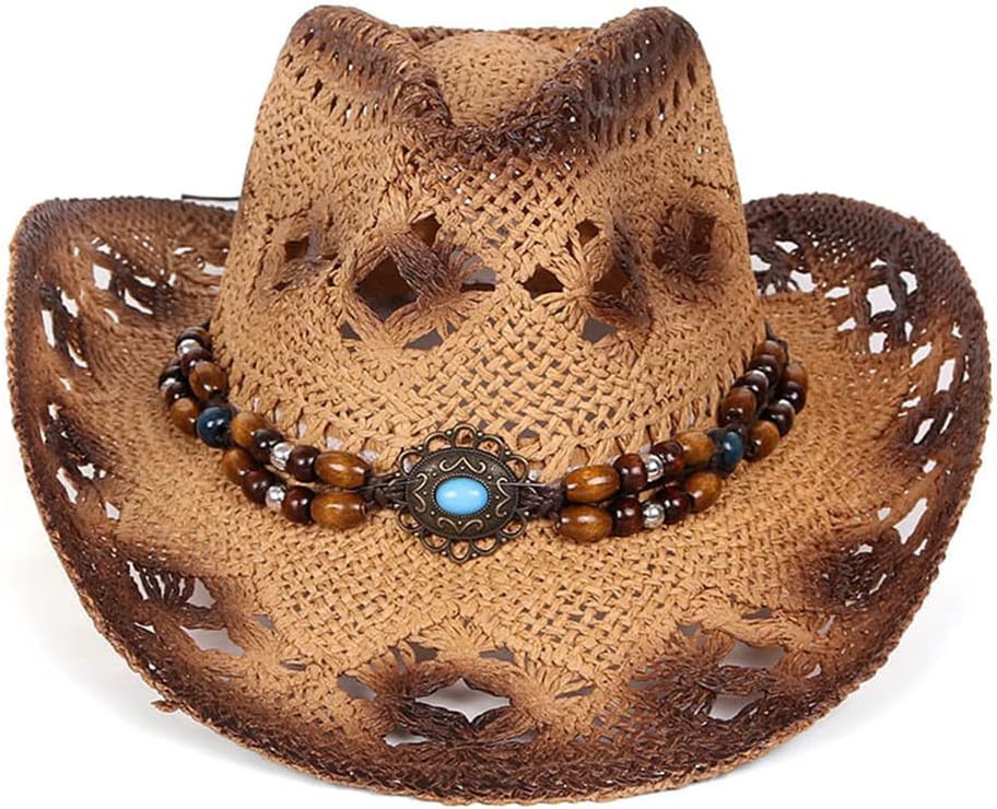 Woven Straw Cowboy Cowgirl Hat, Beach Hat Western Cowboy Hat for Clothing Costume Khaki - Image 3
