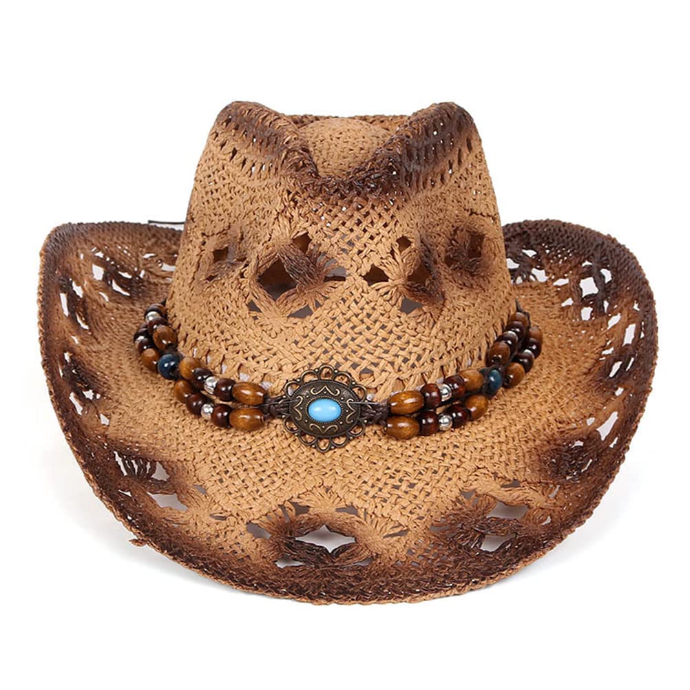 Stroh-Cowboy-Hut für Damen und Herren, Western-Cowboy-Hut, Stroh-Cowboy-Cowgirl-Hut für Herren und Damen, breite Krempe, hohl, atmungsaktiv, Sonnenhut mit Perlenbesatzband, Western-Stil f