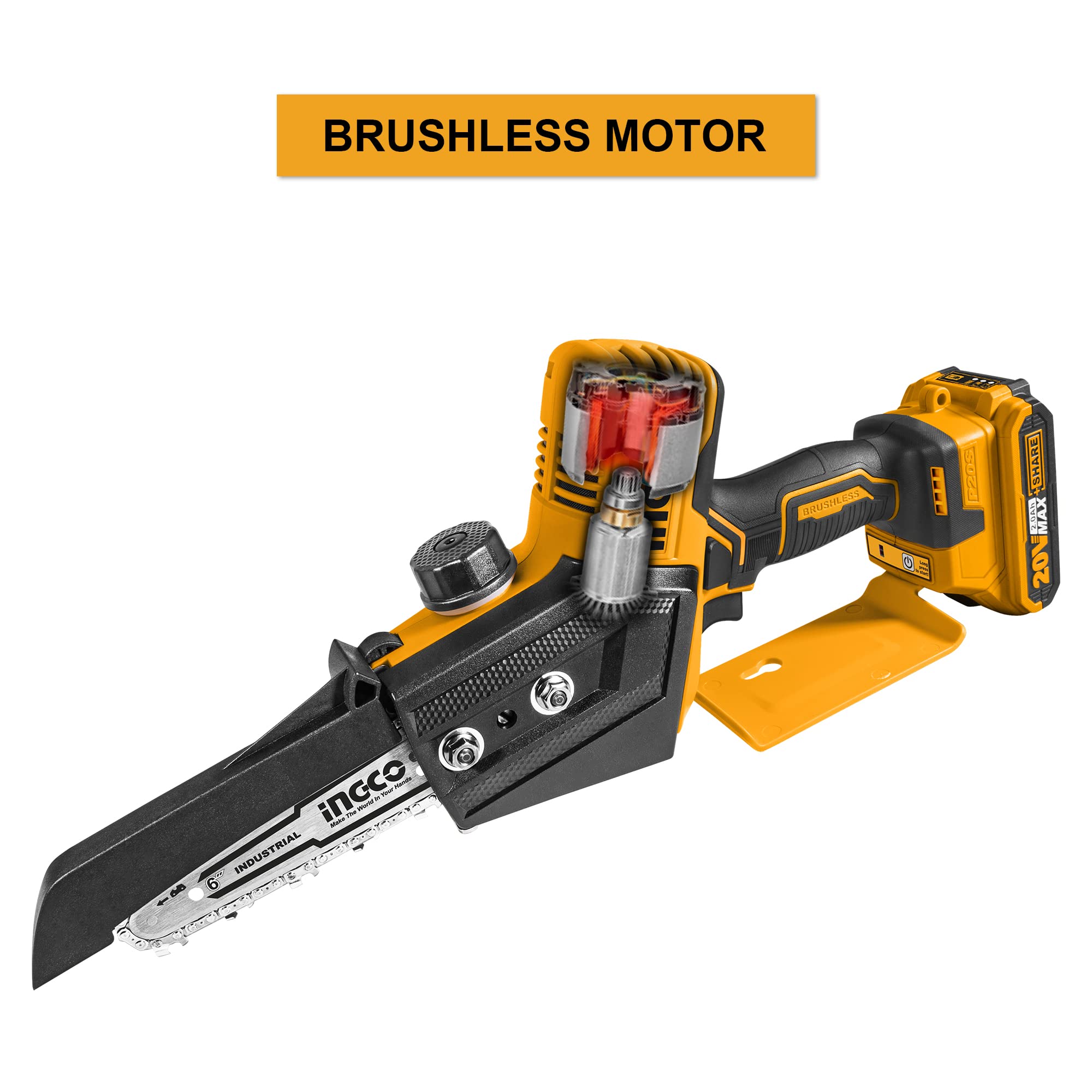INGCO Mini motosierra sin escobillas de iones de litio de 20 V (solo cuerpo) de 6 pulgadas, mini motosierra inalámbrica con una sola mano para cortar madera, recortar ramas de árbol CGSLI2068