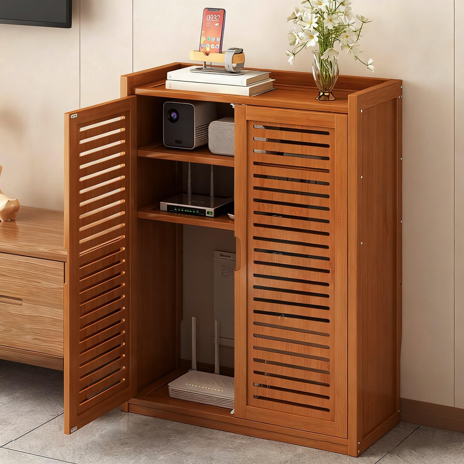 MESCXTY WiFi Router Storage Cabinet,Bamboo Floor Standing Box with Ventilation, Power Strip and Cable Organizer for Home Media Cabinet, Cord Management Office