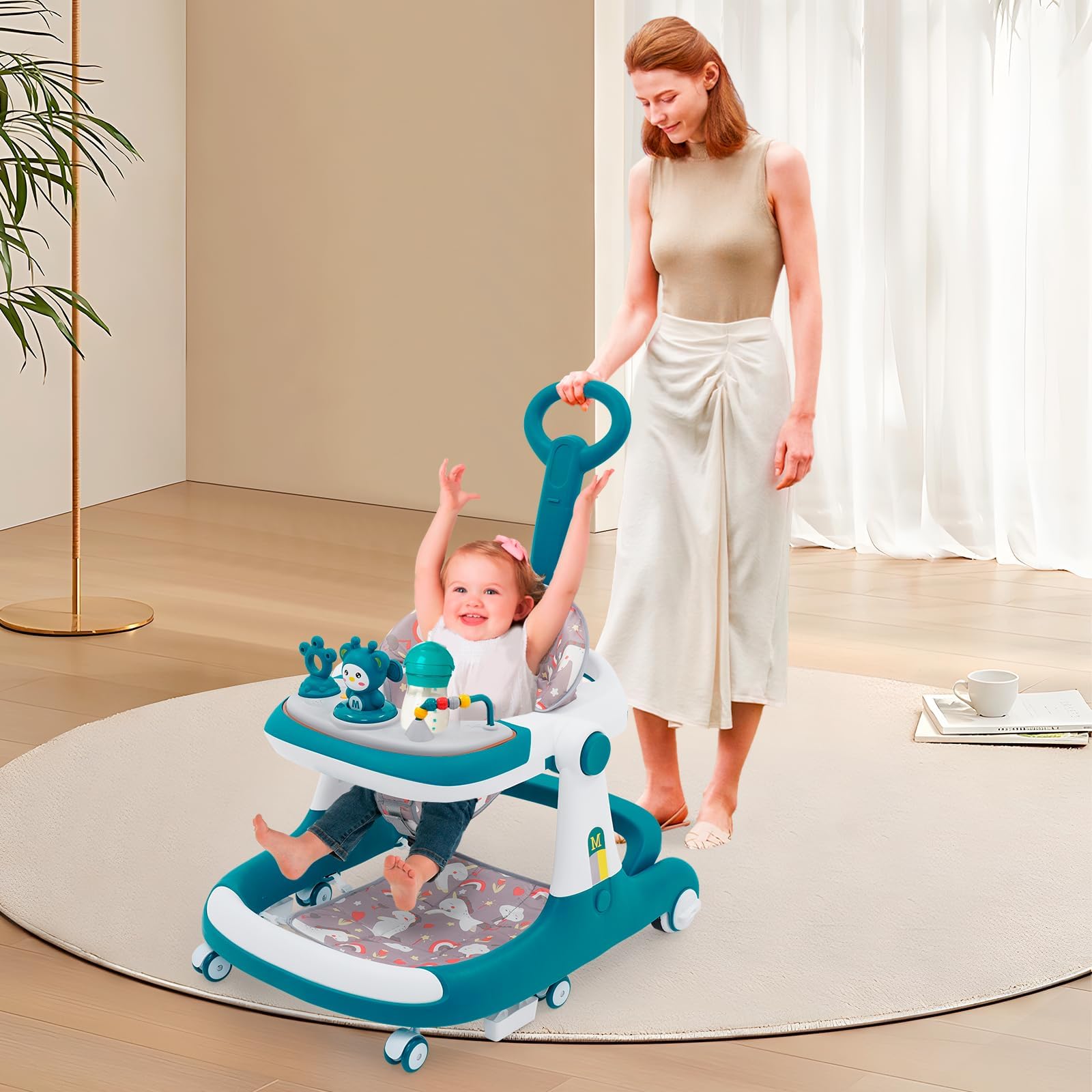 Andador para Bebés,Andador Multifunción 3 en 1 Antivuelco para niños Pequeños,Andador para Empujar,con Ruedas,Freno,asa de Empuje y Mesa Extraíble para Bebés y niños