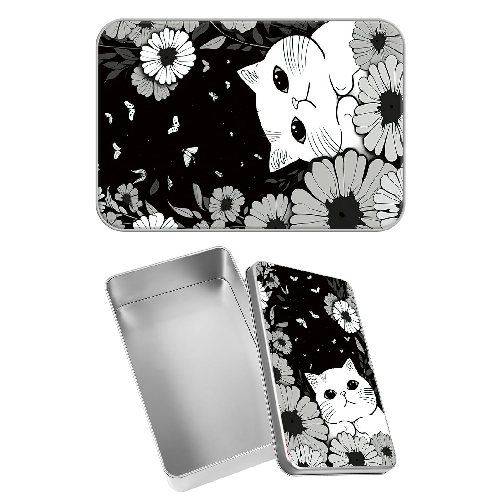 Rectangular Metal Tin Box with Removable Lid, Cute Cat Decorative Printed Metal Storage Container for Jewelry Pen Eraser Pill Candy Craft 4.9 x 3.54 x 1.57 inch– Single Pack