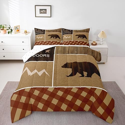Juego de edredón de oso para niñas y niños, edredón rústico de vida silvestre occidental para habitación, decorativo, al aire libre, montañas, juego