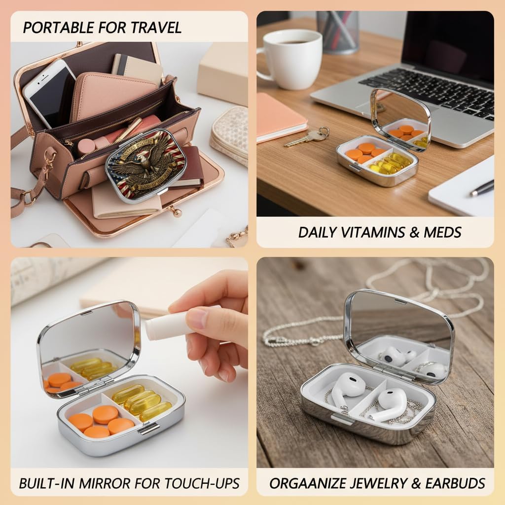 Pill Box 2 Compartment Small Pill Case,Portable for Pocket or Purse Pill Organizer Pill Container Holder with Mirror to Hold Vitamins, Medication, Fish Oil and Supplements (American Eagle) image 5
