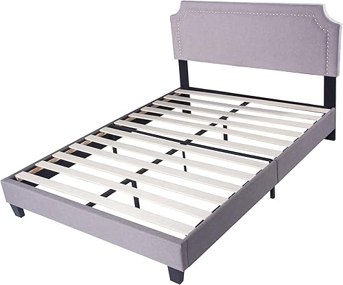 Miniatura 3 de LUCKYERMORE Marco de cama tapizado de tamaño matrimonial con soporte de listones de madera, marco de metal, plataforma resistente, marco de cama