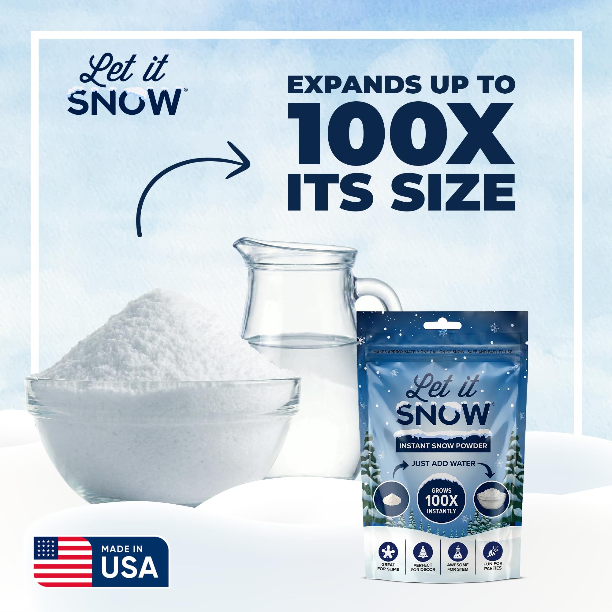 Let it Snow Poudre de neige artificielle instantanée – Fabriquée aux États-Unis, parfaite pour les enfants, les décorations de vacances, les jeux sensoriels – Lot de 25 – Fait de la neige de 80 litres