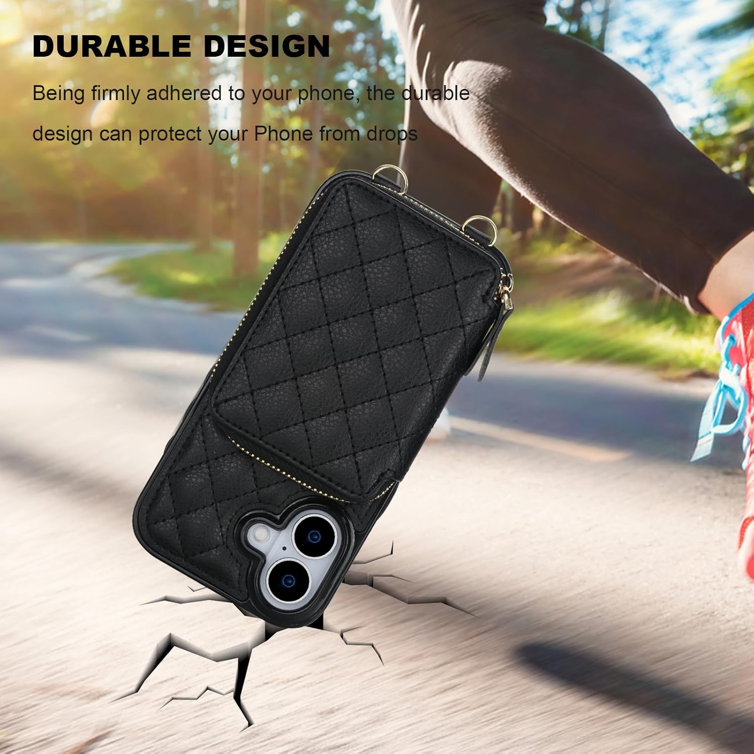 Bocasal Crossbody Wallet Case for iPhone 17, RFID Blocking PU Leather Zipper Handbag Purse Flip Cover, Kickstand Folio Case with Card Slots Holder Wrist Strap Lanyard 5G 6.3 Inch (Black)