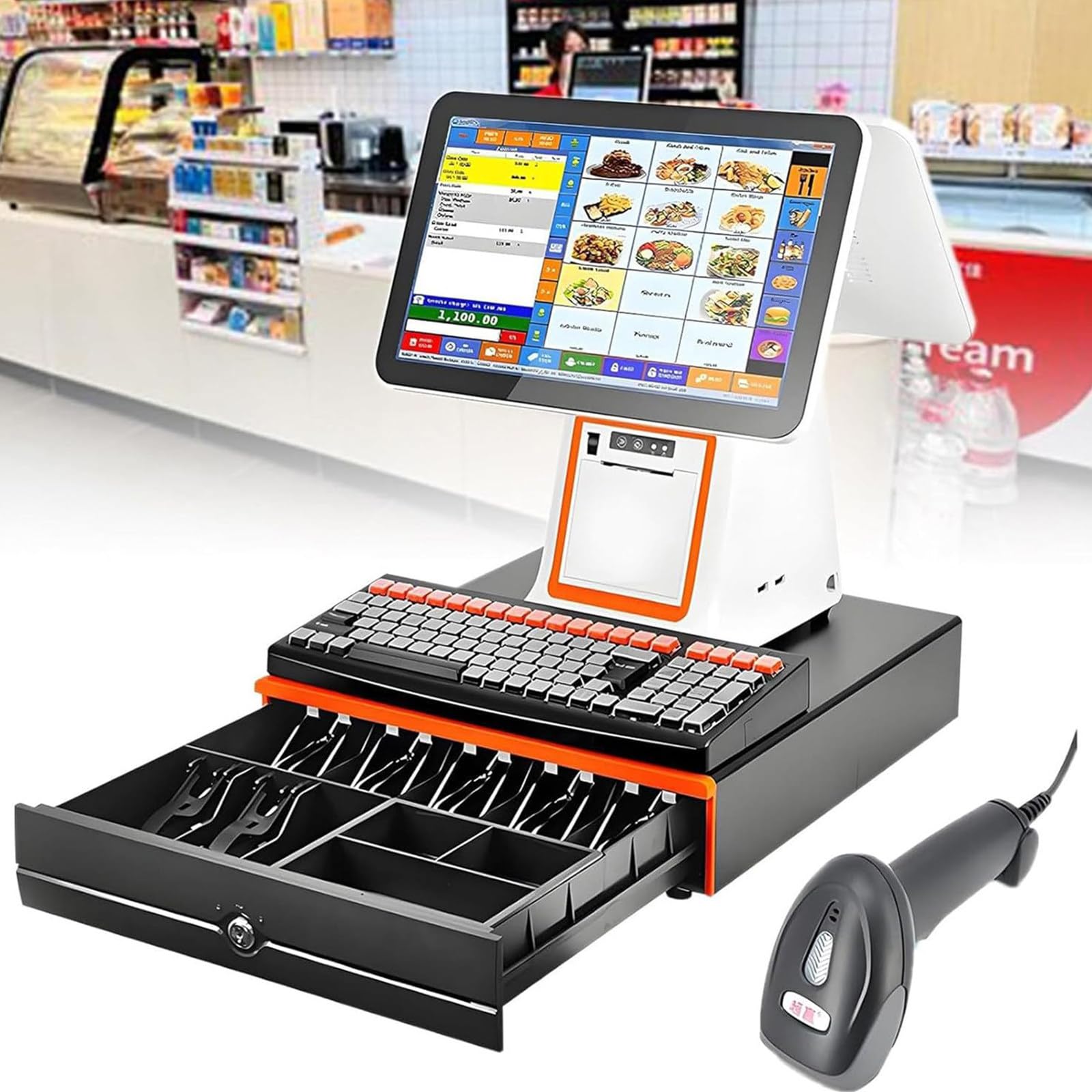 DPQYJPP Cash register pos system, all-in-one smart cash register for businesses, 15.6" dual monitor touch screen monitor, dual-core i5 cpu, cash drawer, built-in 58mm printer, barcode scanner White