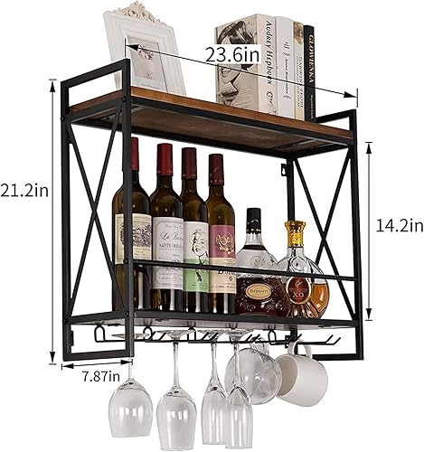 Miniatura 3 de Estante para vinos, industrial montado en la pared, soporte de botella de metal rústico, estante de vidrio, estantes flotantes de madera de 2