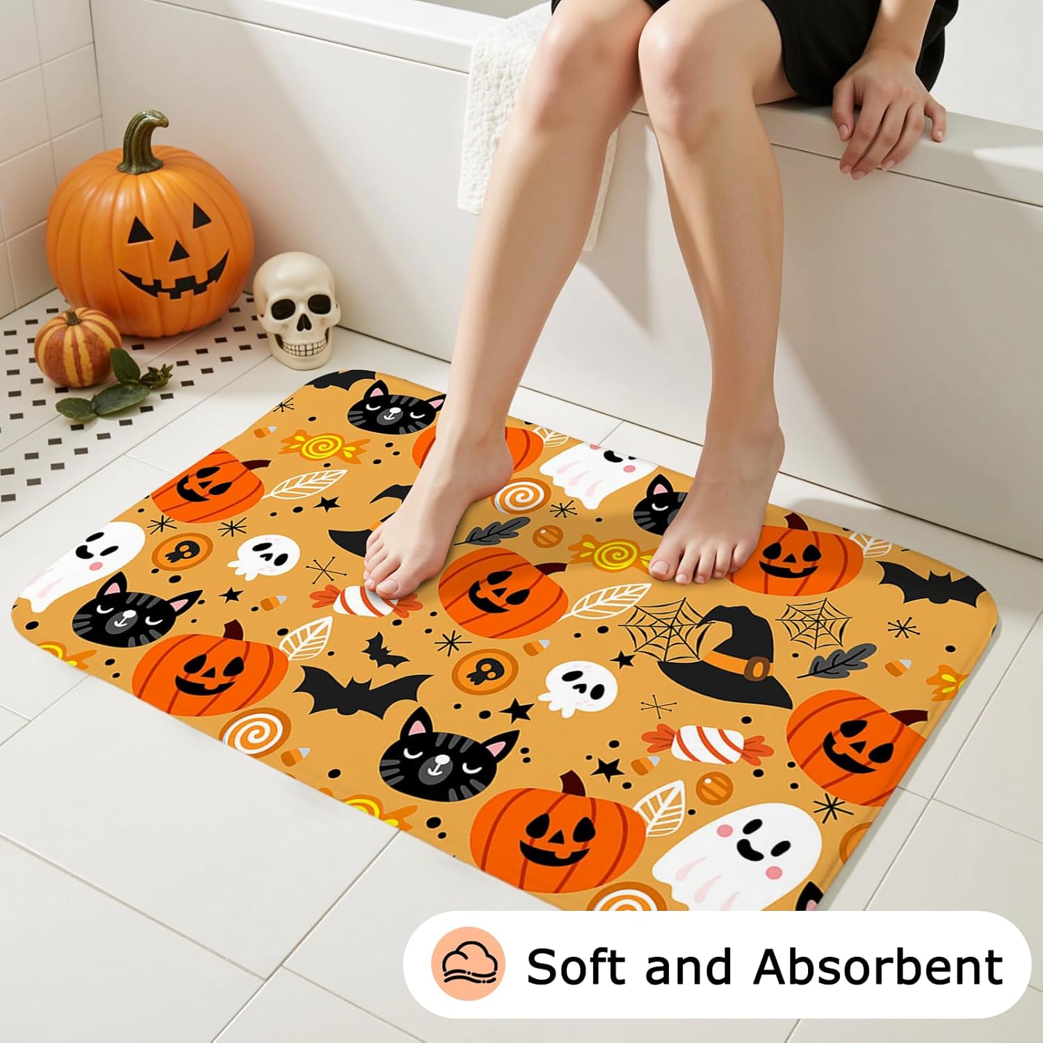 Mocsicka Cute Halloween Shower Curtain Set for Bathroom, 4Pcs Cartoon Cat Pumpkin and Ghost Bathroom Sets with Non Slip Rugs, Toilet Lid Cover, Bath Mat, Shower Curtain, Bathroom Decor with 12 Hooks
