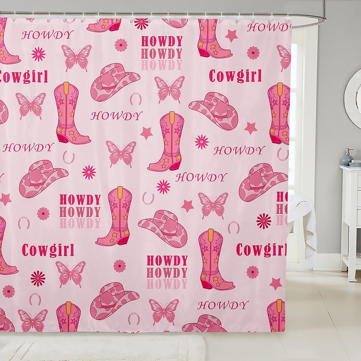 Rideau de douche haut de gamme style tribal occidental et papillon rose chic