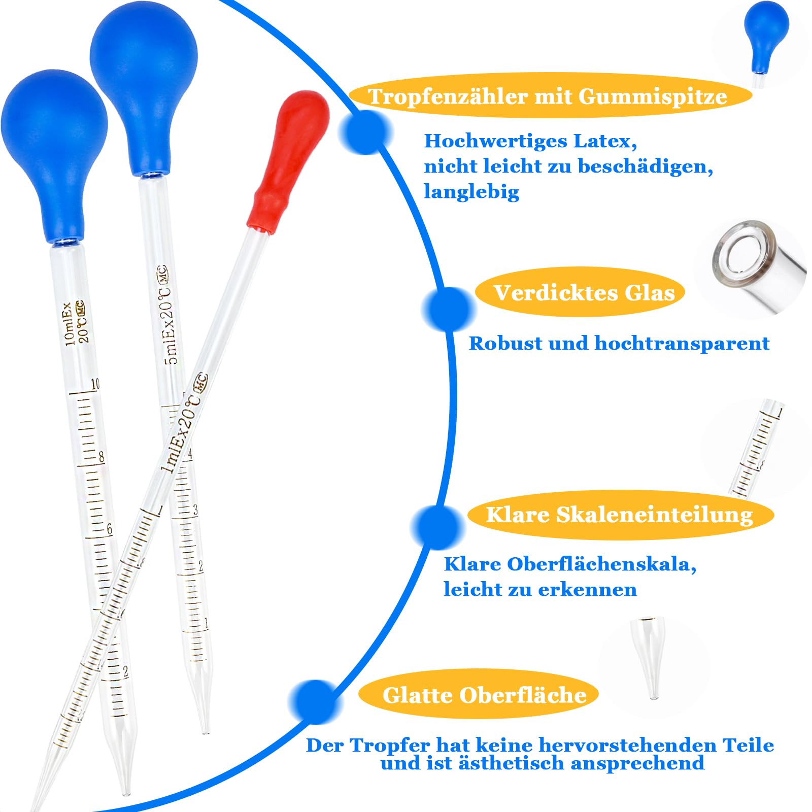 Luckaide Glaspipette 1ml – 10 Stück Mit Messskala, Gummikopf & 2 Reinigungsbürsten, Für ätherische Öle, Medizin & Labor