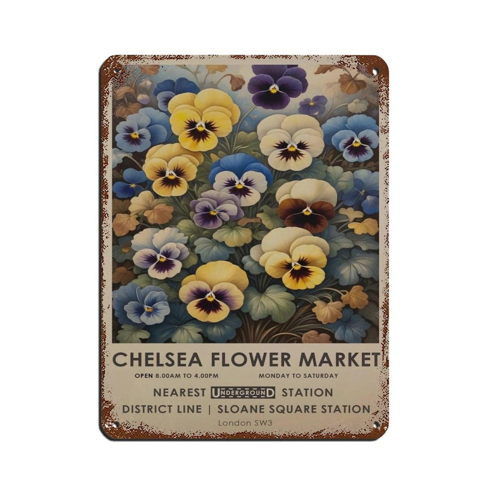 Chelsea Flower Market, Pansies Botanical,gift Retro Poster Metal Tin Sign Chic Art Retro Iron Painting Bar People Cave Cafe Family Garage Poster Wall Decoration 12x16inch(30x40cm)