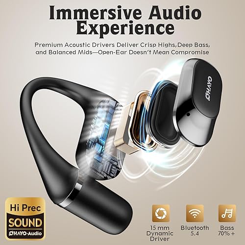 Miniatura 4 de Auriculares de oreja abierta, auriculares sobre la oreja con gancho ergonómico para la oreja, auriculares Bluetooth 5.4 con pantalla digital