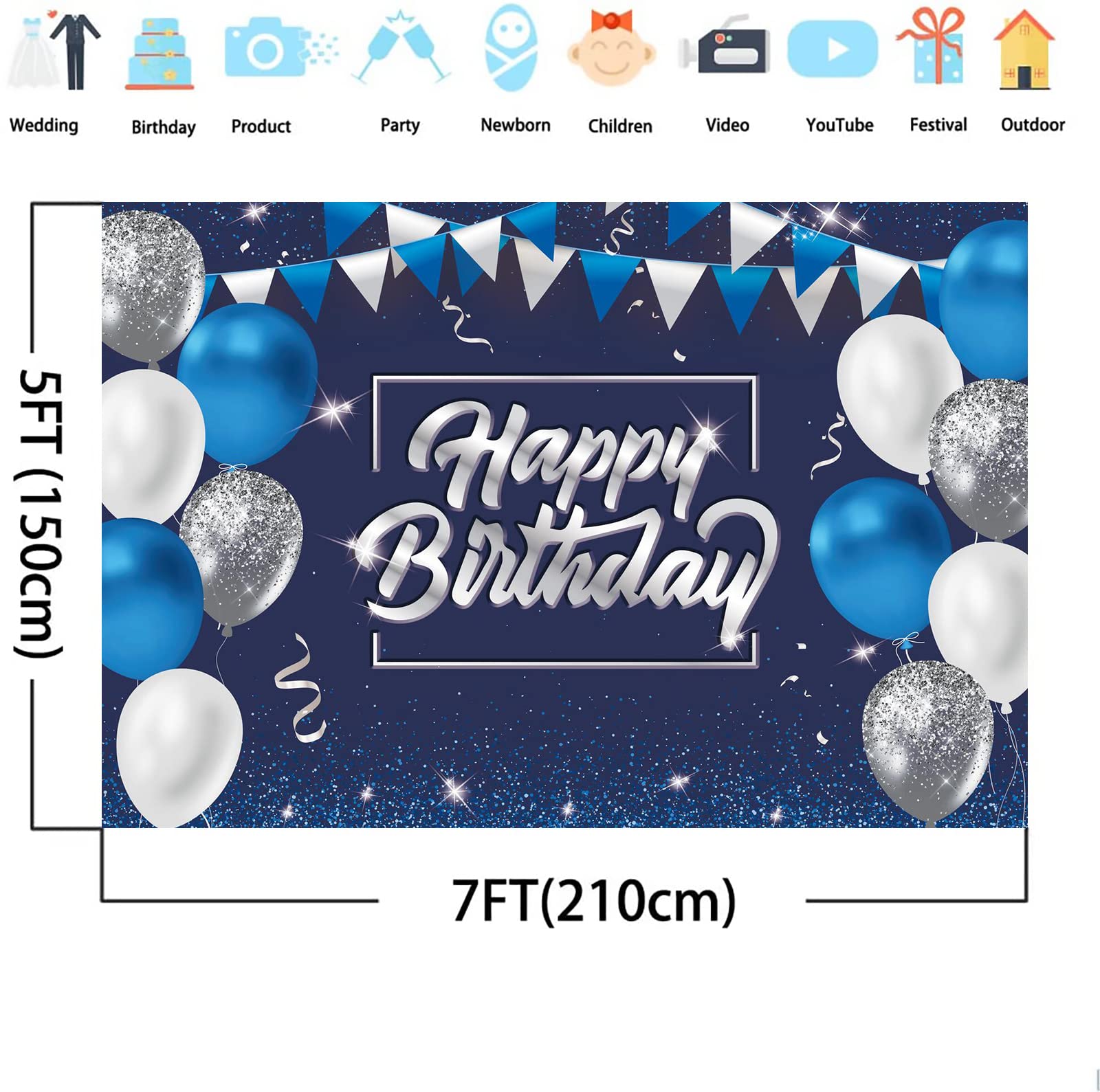 Happy Birthday Hintergrund – Blau-silber Glitzer-Ballon Dekoration, 3x2,4 M, Für Partys & Fotoshootings