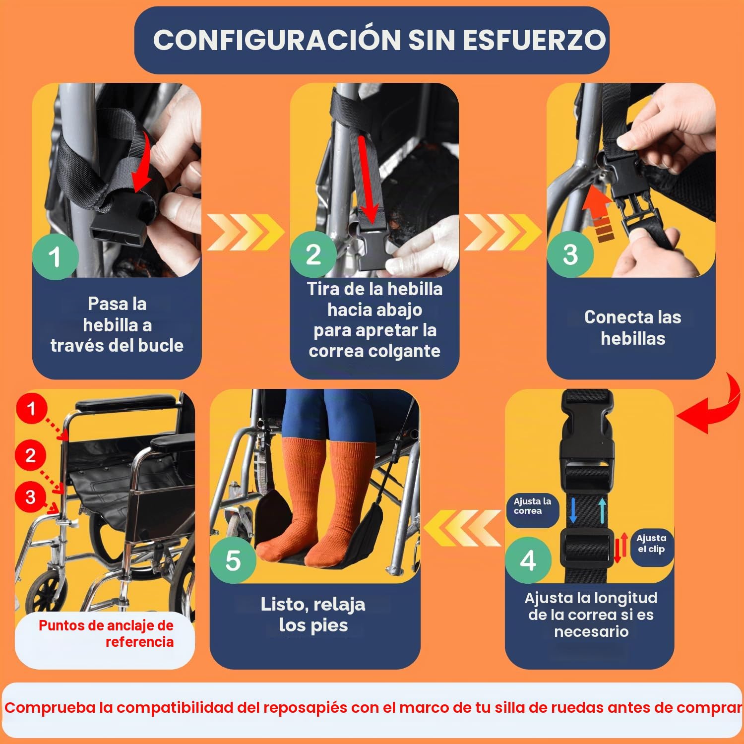 Hamaca reposapiés para silla de ruedas – Cabestrillo colgante para reposapiés ajustable para silla de ruedas con tabla de apoyo y correas para pies
