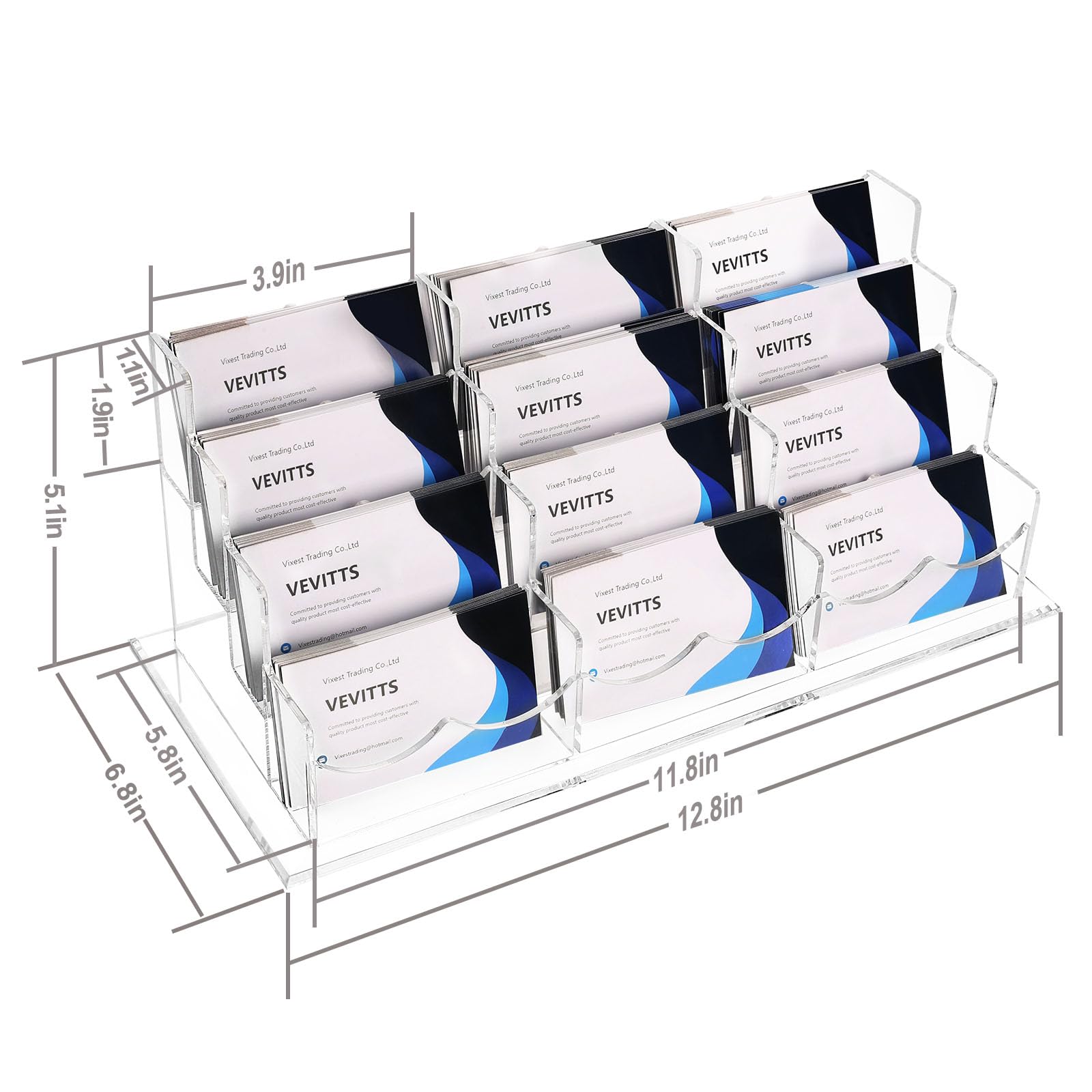 Vevitts Soporte acrílico para tarjetas de negocios para escritorio, 12 ranuras, 4 niveles, juego de soporte acrílico transparente para tarjetas de visita, capacidad para aproximadamente 600 tarjetas