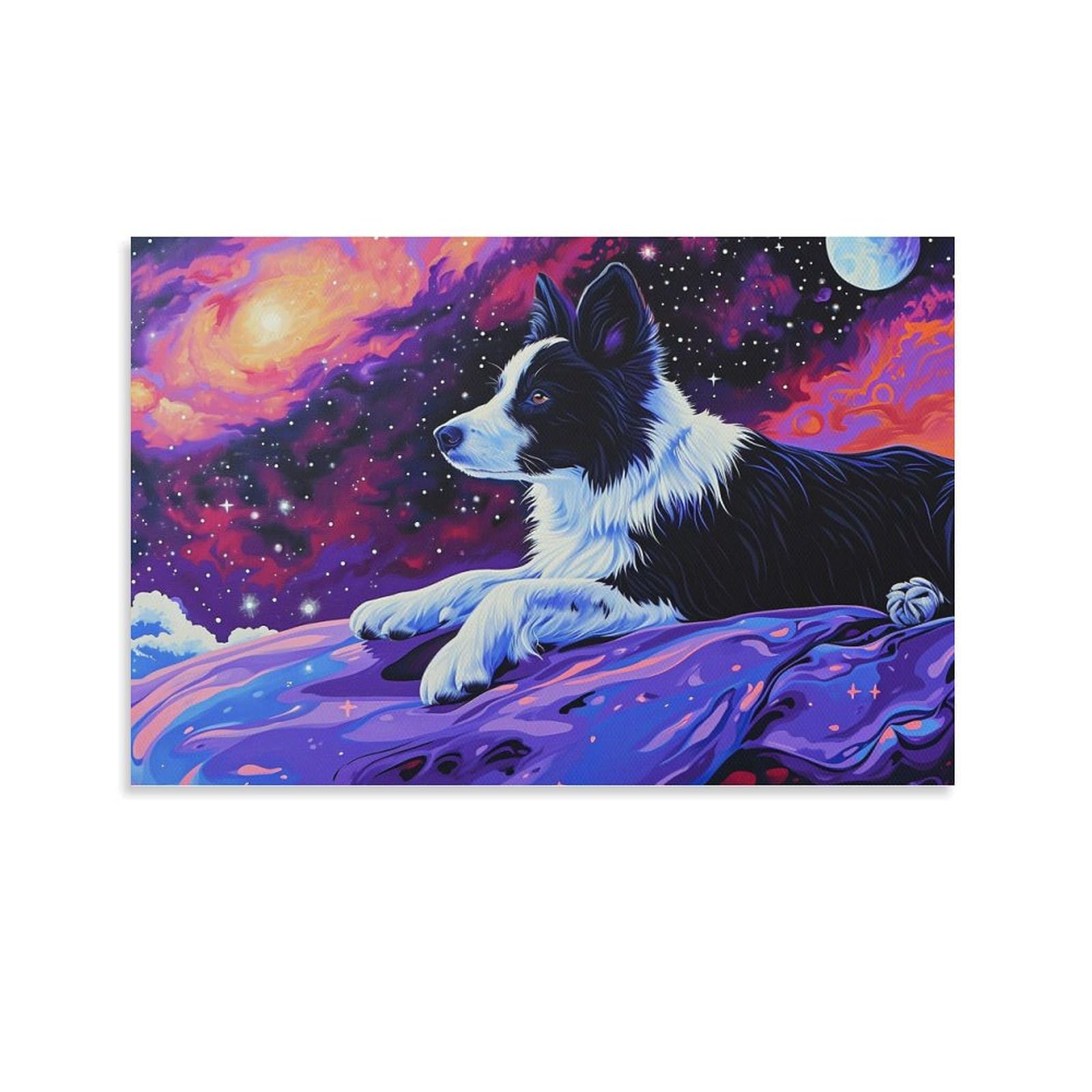Amazon.co.jp: 絵画 星空を眺めるボーダーコリーインテリア 絵画 動物