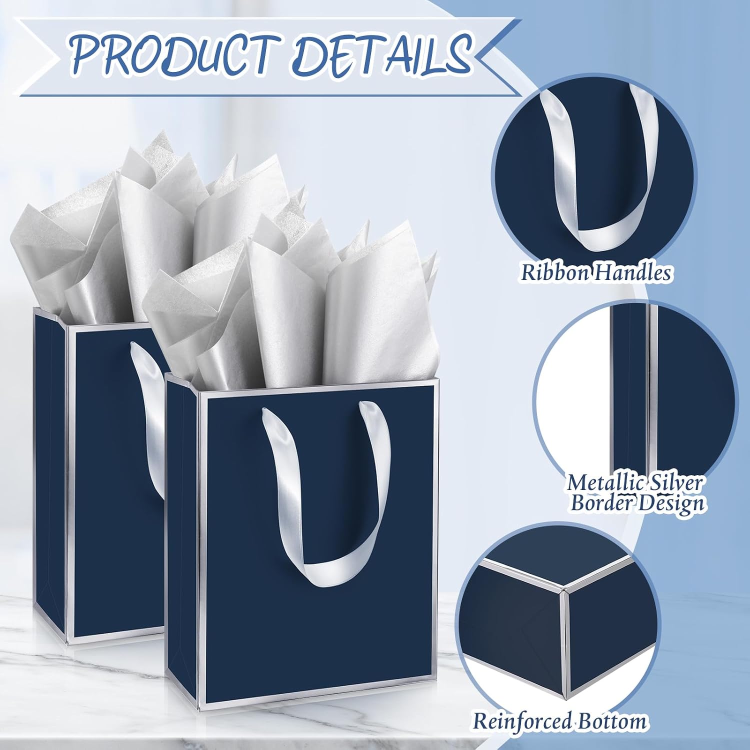 Yeaqee 50 Pcs Metallic Paepr Gift Bags Bulk with Handles,Navy Blue, Silver image 3