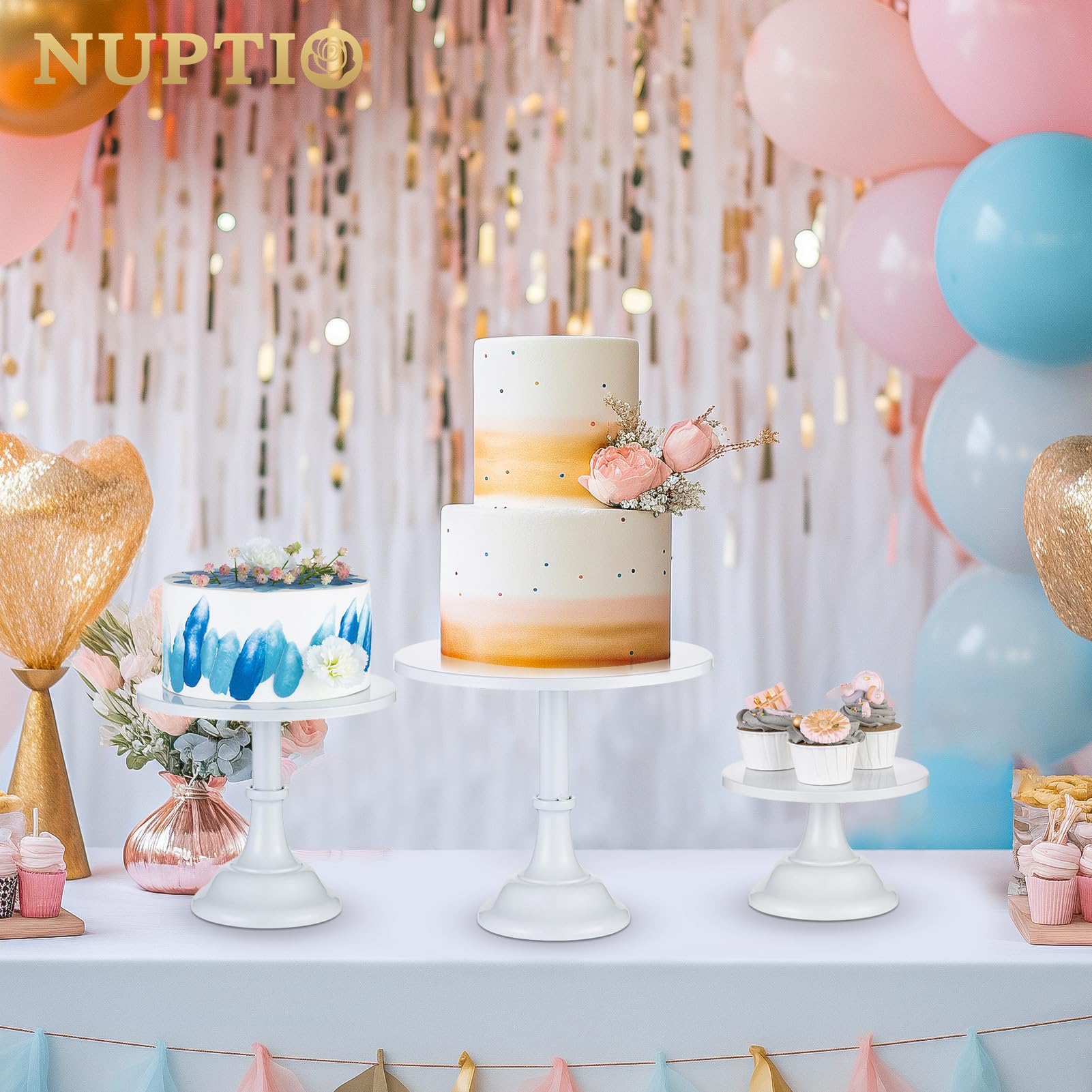 NUPTIO Présentoirs à Gâteau 3 Pièces Rond: Métal Support à Gâteau 3 Niveaux Blanc Plateaux Doré Brossé Desserts Simple Design