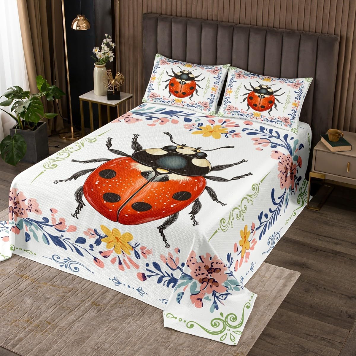 Homewish Ladybugs Bedspread Twin Size,Bugs Animal Flower Bedding Set for Kids Boys Girls Room Decor,Boho Retro Floral Pattern Coverlet Set 2Pcs,Spring Garden Wildlife White Quilt,1 Pillowcase