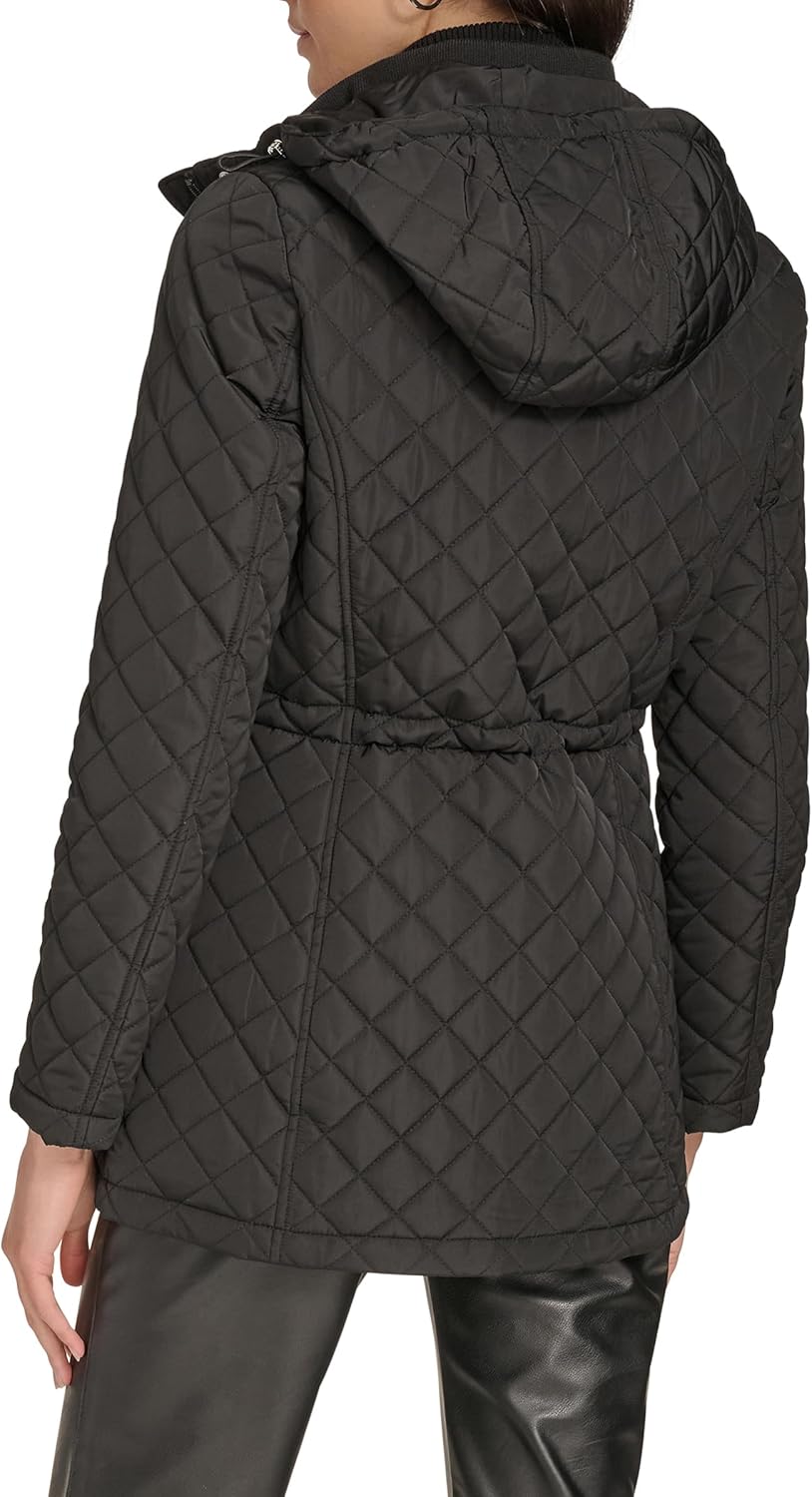 Calvin Klein Women's Hooded Quilted Jacket – Classic Diamond Stitch Long Coat With Pockets