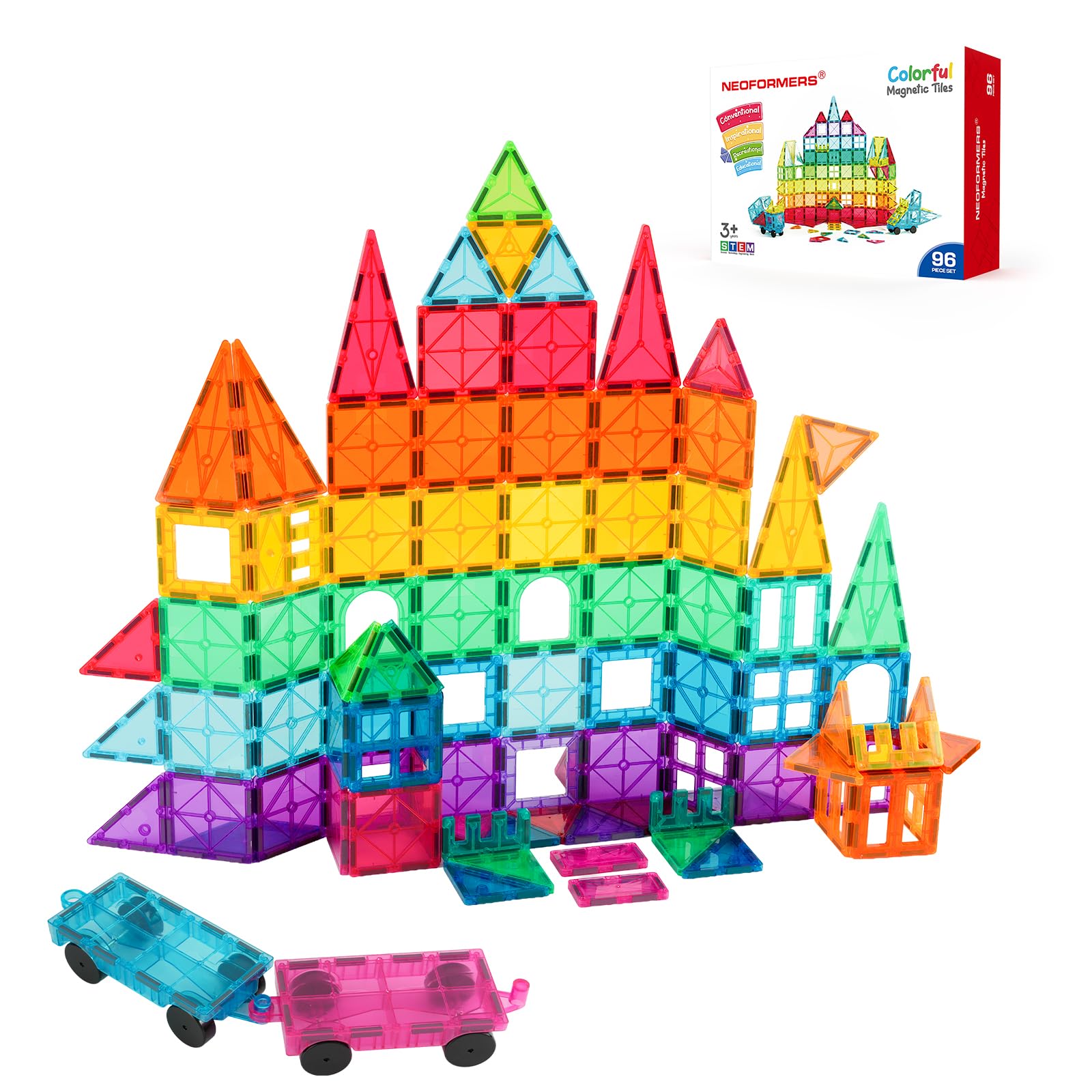 Sponsored Ad - Magnetic Tiles, 96PCS Magnetic Block Toddler Toys with 2 Cars, 3D Clear Magnet Building Tiles Set, STEM Educational Toys for Kids 3-9 Years