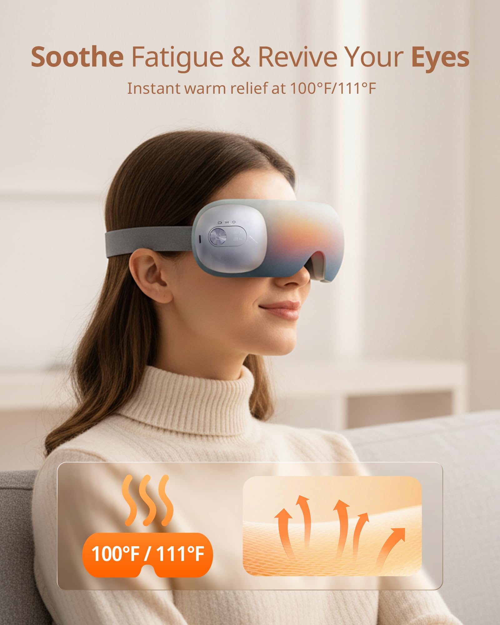 Masajeador de ojos ultraligero con 2 niveles de calor, 120 minutos de uso, 3 modos de compresión de aire y masaje, máscara de ojos calentada con música Bluetooth para aliviar la migraña, tensión y