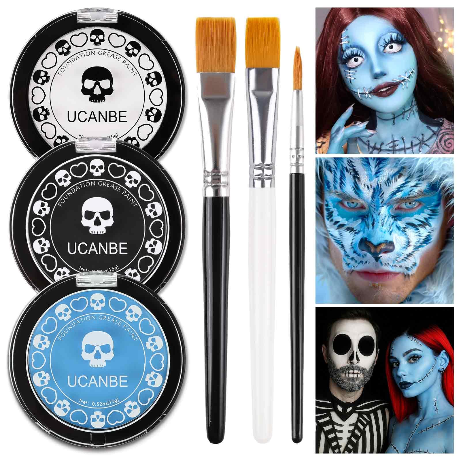 UCANBE Halloween Gesichtsfarbe (Schwarz+Weiß+Zartes Blau) mit 3 Pinsel | Körperfarbe für Halloween, Karneval, Theater, Bühne, Film