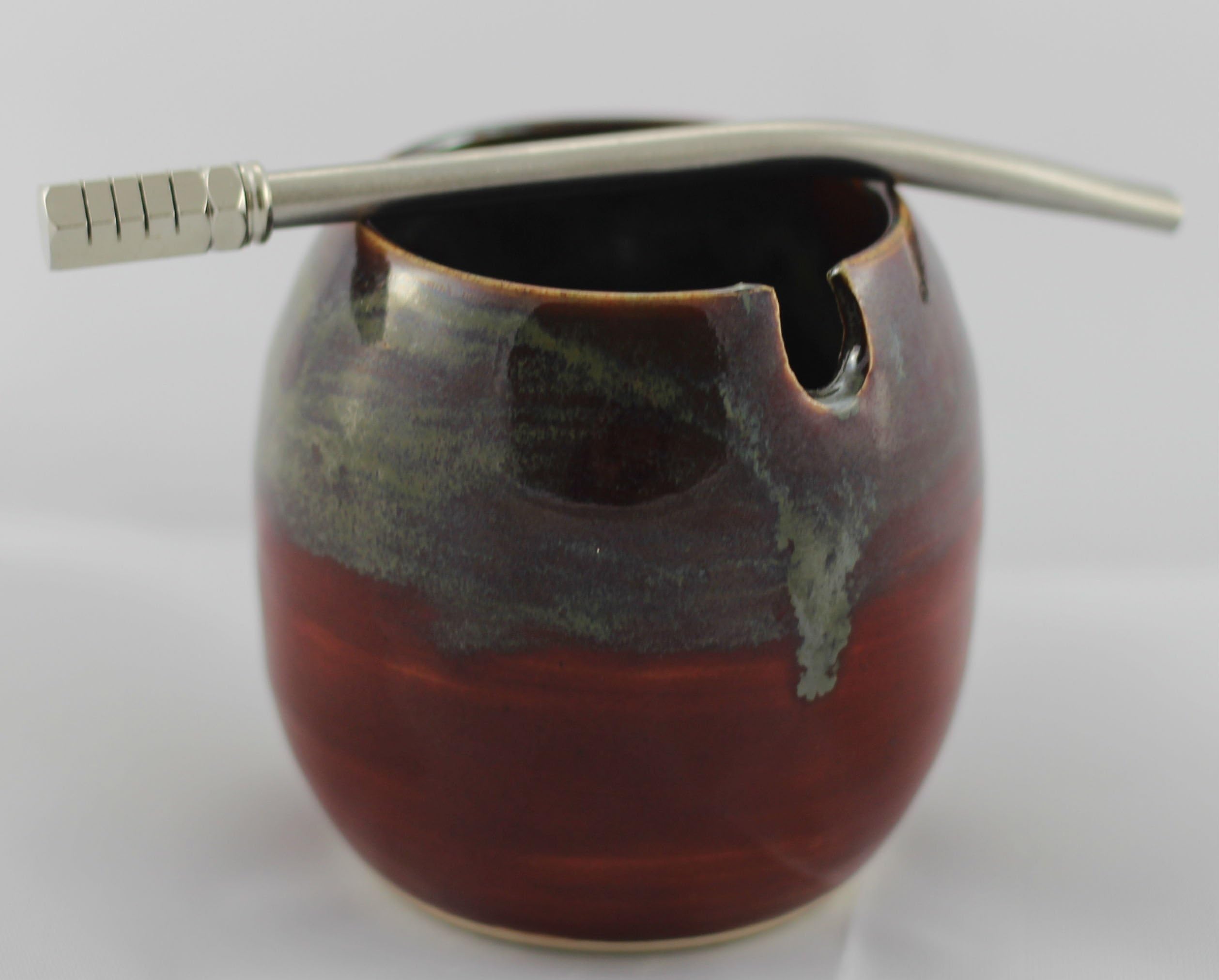 Ceramic Mate Gourd with Side Hole for Mate Straw aka Yerba Mate Cup Red Mixed Swirl with Optional Bombilla (Metal Yerba Mate Straw)