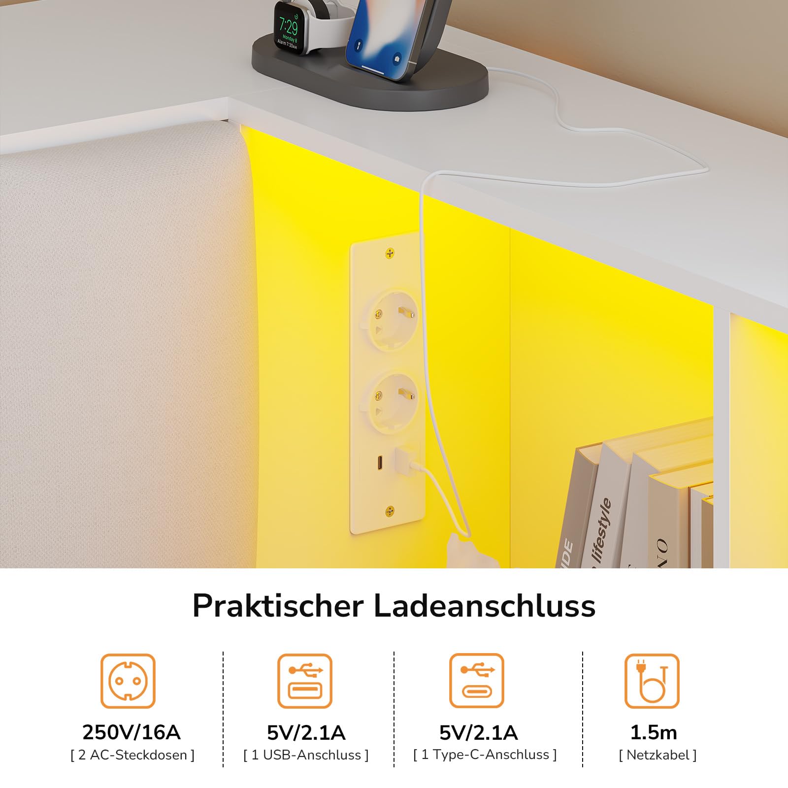 Cama juvenil de 90x200 in, color blanco con LED, espacio de