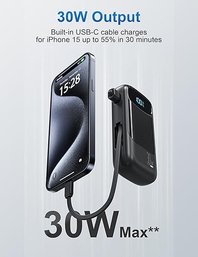 Miniatura 2 de Cargador portátil pequeño con cable USB-C integrado para iPhone serie 1615, 10000 mAh, 30 W, cargador de batería compacto de carga rápida, batería