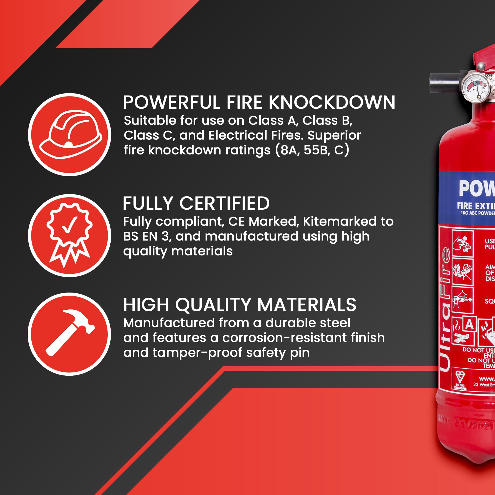 UltraFire 1kg Powder Fire Extinguisher - Car, Taxi, Caravan, Camping, Boat - Kitemarked EN3 — view 3