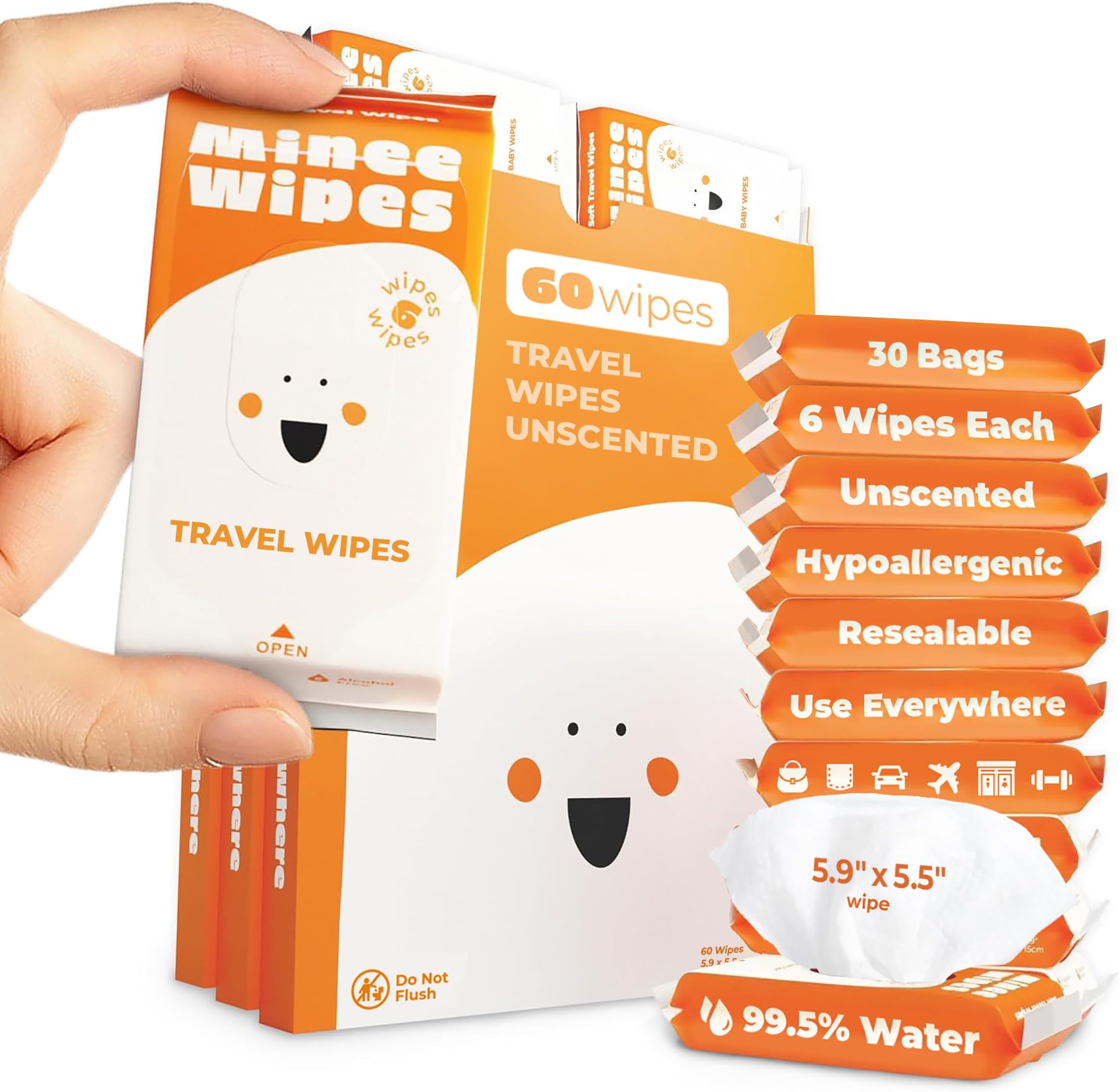 Impossibly Compact Travel Wipes - 99.5% Water - Safe for Sensitive Skin & Hypoallergenic, Resealable, Thick & Durable - For Adults, Kids & Baby Care - Unscented, 30 Pack Total 180 Wipes