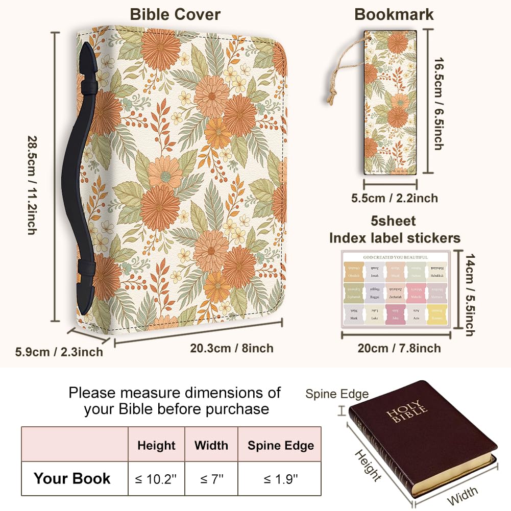 Hobbspring Chrysanthemums Bible Cover Case for Men Women Flower Floral Bible Cover with Bookmark Beautiful Carrying Book Cases with Handle and Zipper PU Leather Bag for Adults Students(Orange) - Image 2