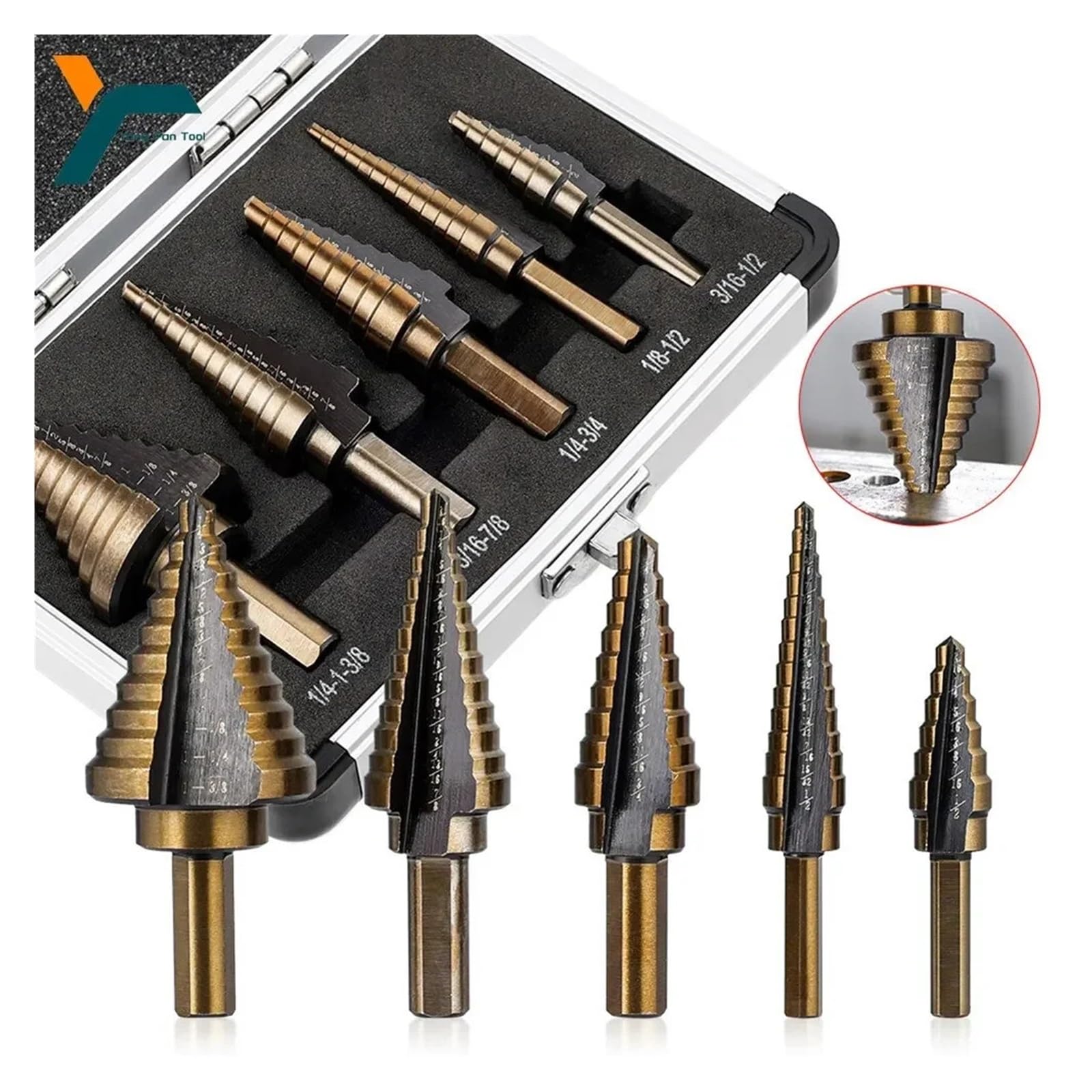 Juego de brocas escalonadas cobalto HSS 4241 5 piezas | Brocas de perforación de 50 tamaños con estuche de almacenamiento de aluminio portátil