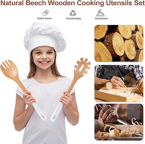 Miniatura 9 de Cucharas de madera para cocinar, 6 utensilios de cocina de madera de haya natural, cucharas de cocina de madera de agarre suave con agujero para