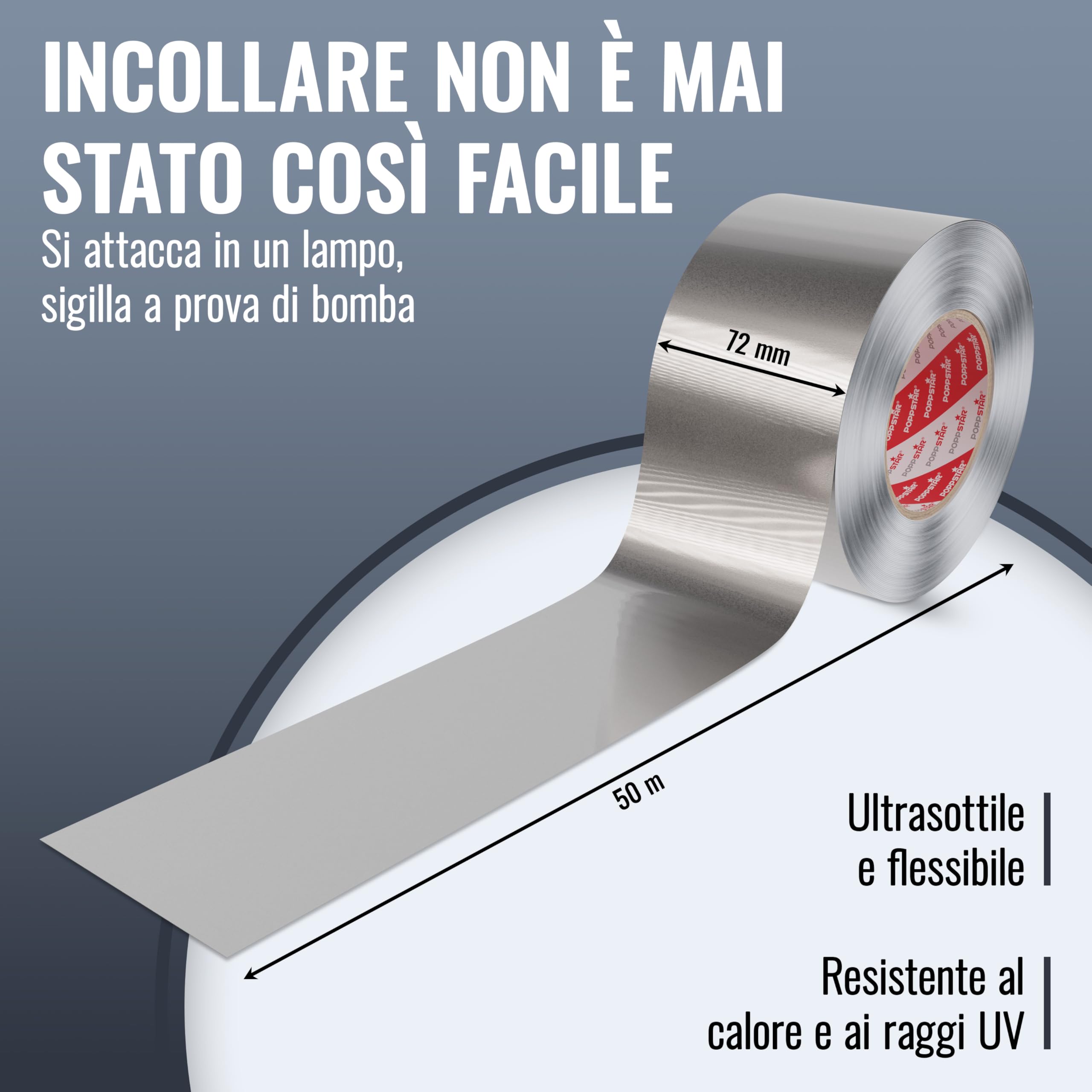 POPPSTAR Nastro adesivo in alluminio resistente al calore (50m x 72mm) Nastro alluminio autoadesivo per coibentazione, resistente all’umidità per lavastoviglie, piano di lavoro, grondaia
