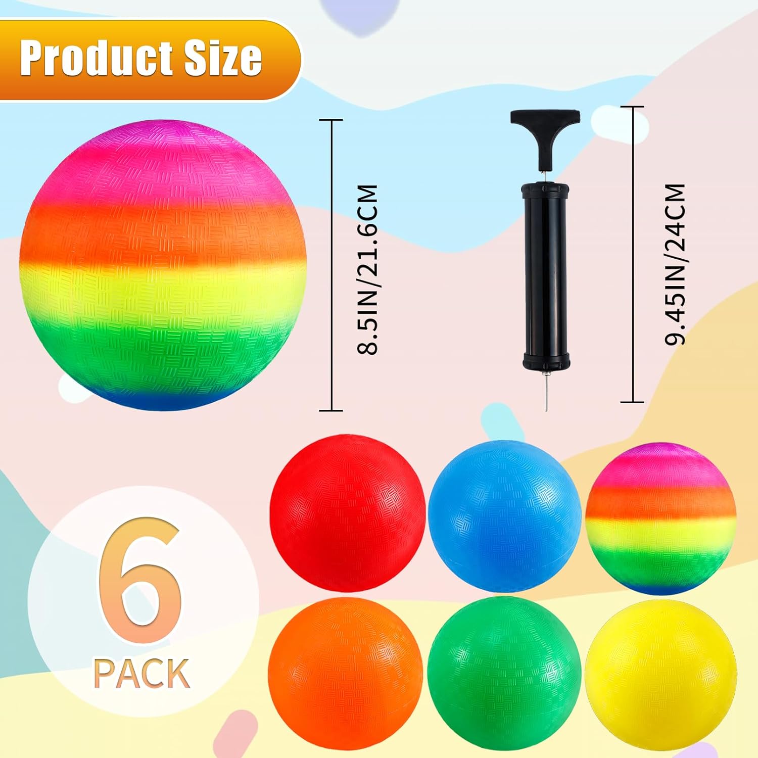 6 Pack Playground Balls, 8.5 inch Dodgeballs for Adults, Dodge Kick Ball with Hand Pump, Kickball Handball Dodgeball for Indoor Outdoor Yard Games(Orange, Red, Yellow, Blue, Rainbow, Green)