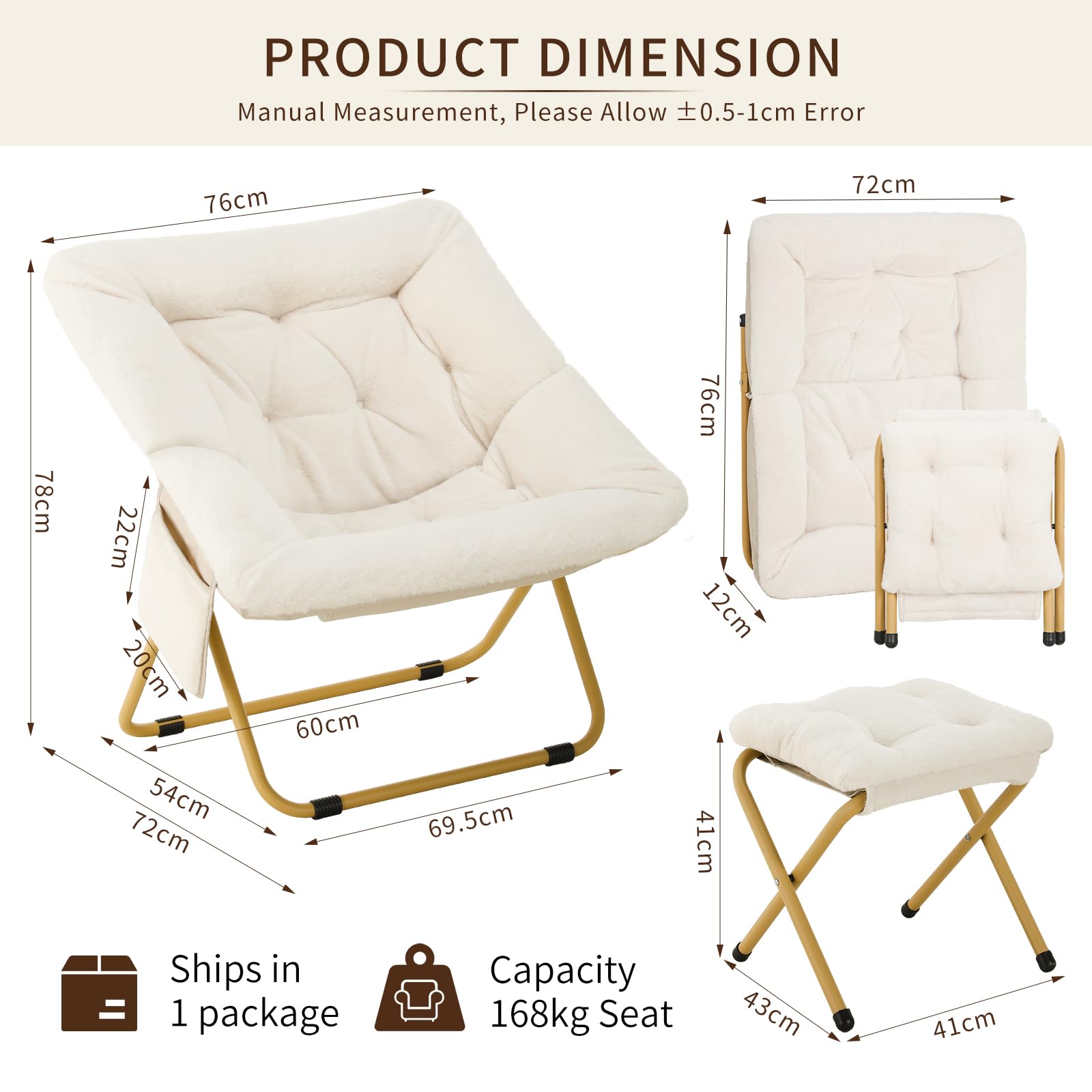 Clevich Fotel relaksacyjny z taboretem 72 x 76 x 78 cm, składany fotel Lazy Chair z pluszu, z kieszenią boczną i stabilnym metalowym stelażem, do kącika do czytania, mieszkania, salonu, sypialni