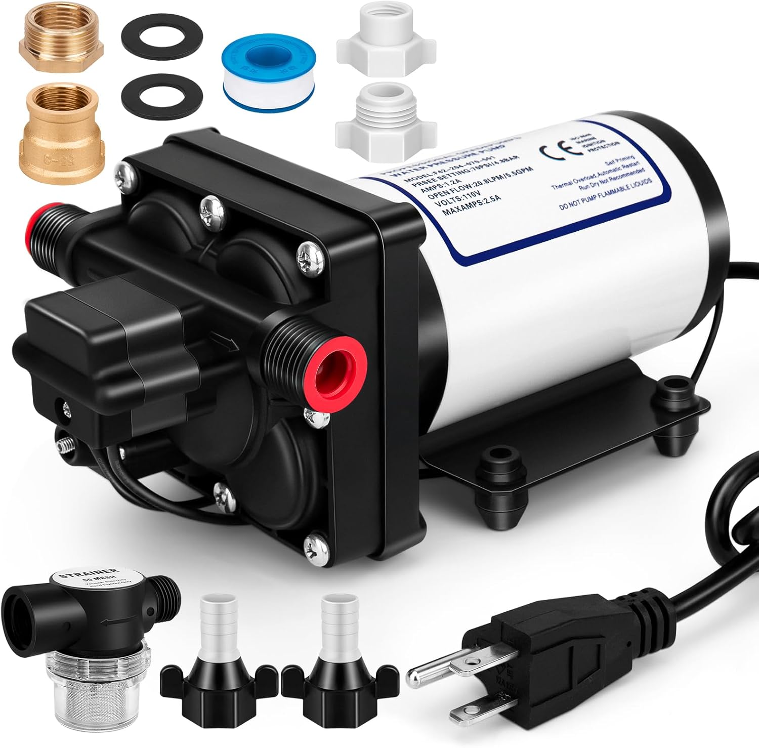 33-Series Professional Grade Water Pressure Booster Pump - 110V AC Diaphragm Pump, 5.5GPM, 70PSI, Self-Priming, Thermal Overload, CE Certified, for RV, Marine, Garden Irrigation
