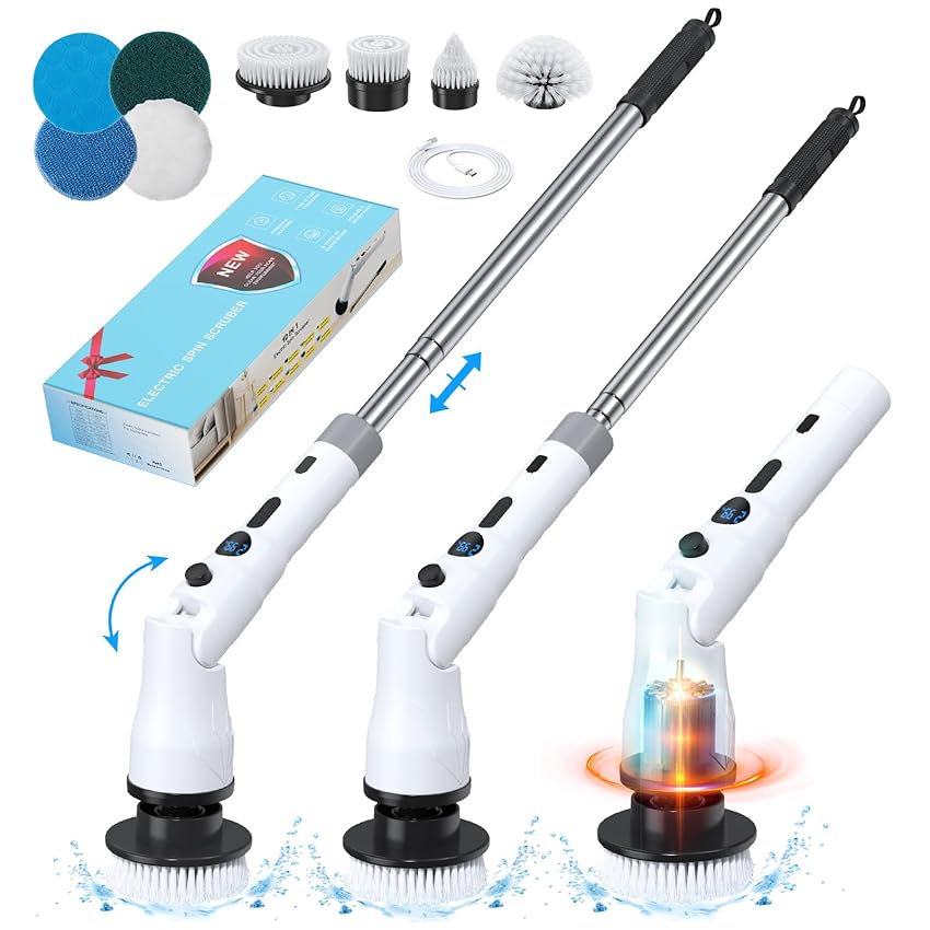 Immagine del prodotto Horett Spazzola Rotante Pulizia Casa, 2024 Nuova Spazzola Elettrica Pulizia con 8 Testine Sostituibili & Estensione Regolabile, 2 Velocità & Schermo LED, Electric Cleaning Brush per Auto/Bagno/Cucina