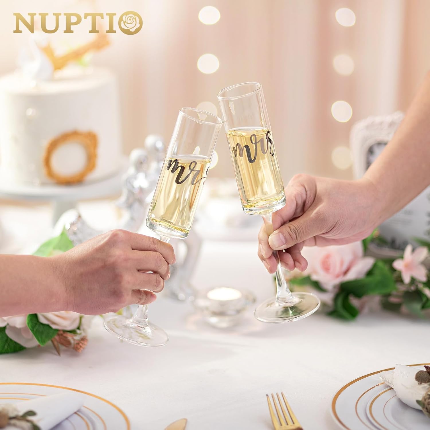Nuptio Copas Champagne Mr Mrs: Lote de 2 Regalos Boda Plata Novios Bodas Aniversario Pareja Valentin Personalizados Enamorados Mujer Matrimonio Romanticos Casan Personalizadas Valentín Grabadas