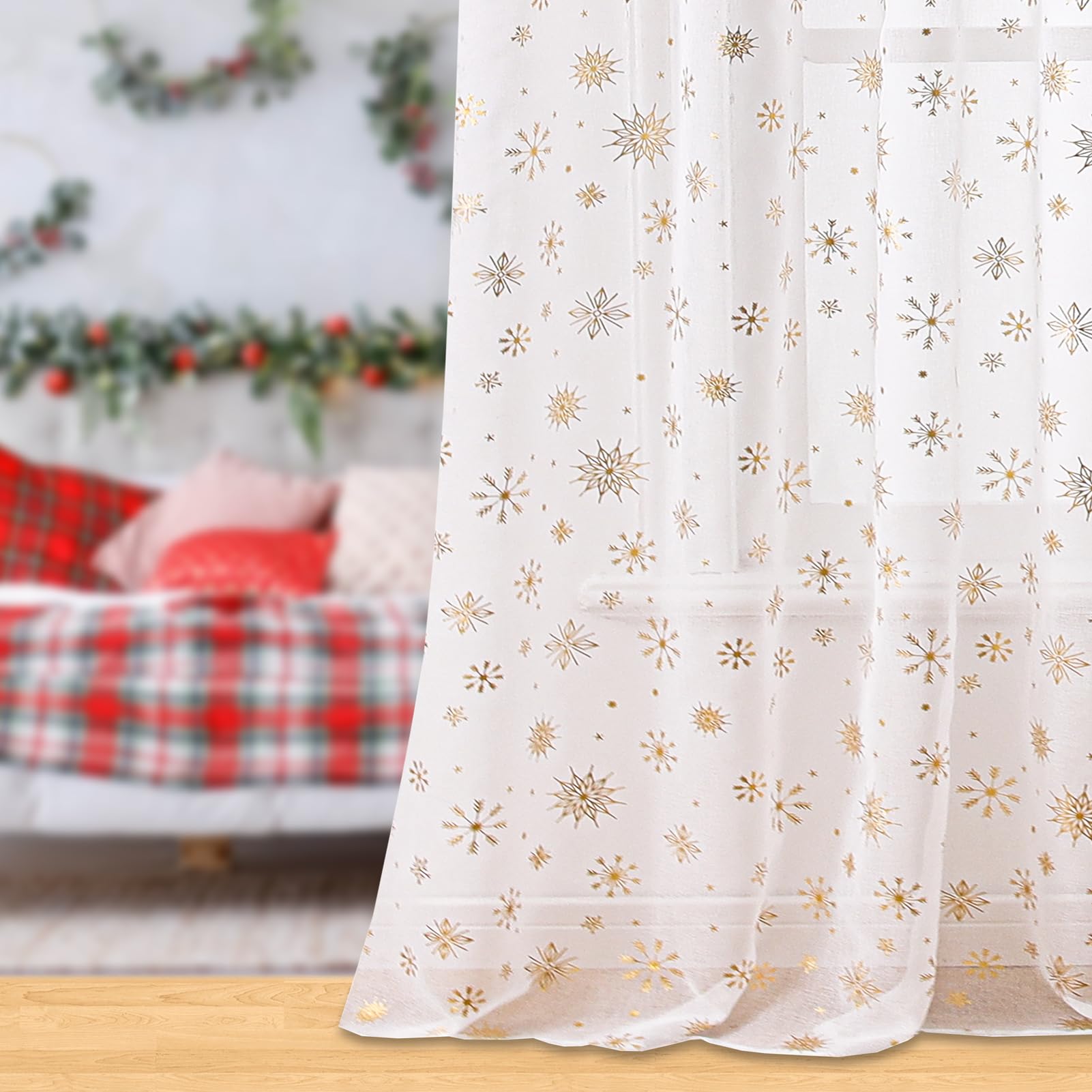 Lot de 2 Rideaux de Noël, Rideaux Voilage Blanc Transparents | 140x260cm Rideaux Décorations Festives pour Salon, Chambre, Fenêtres