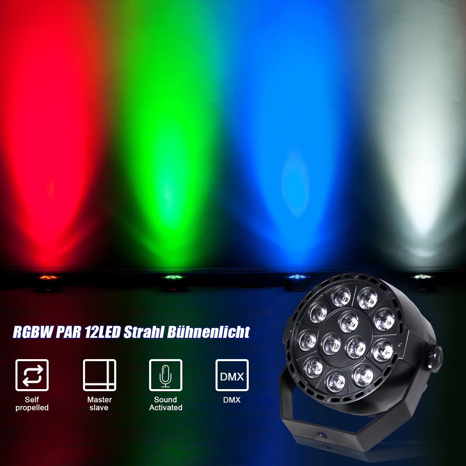 12 x 3 W RGB LED reflektor sceniczny z pilotem zdalnego sterowania, DMX512 / sterowanie muzyką/Master-Slave, dla DJ-ów, na scenę, imprezę, do klubu, baru i do użytku domowego, przenośny i