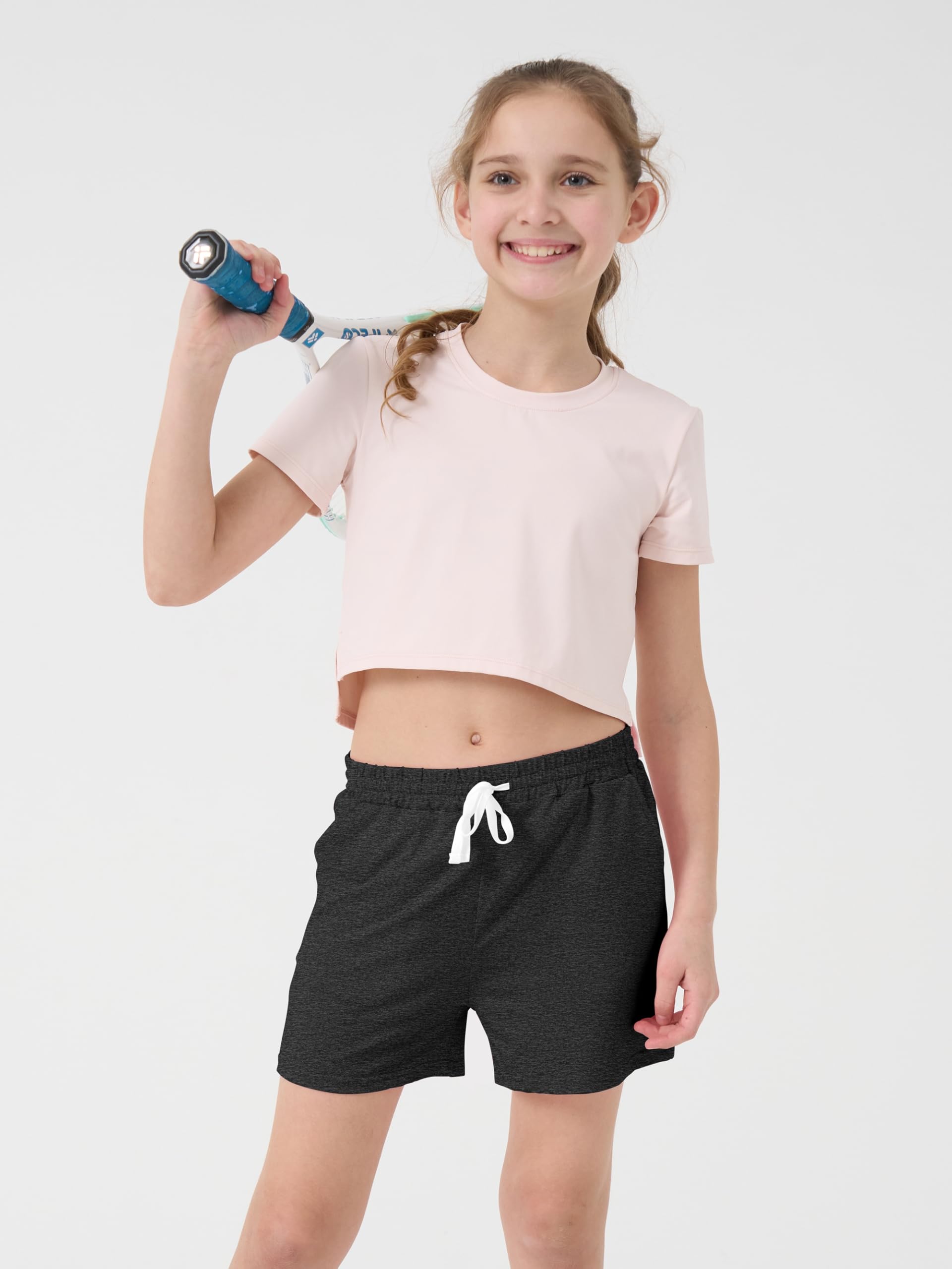 QWE Paquete de 5 pantalones cortos deportivos para niñas, para fútbol, correr, rendimiento, pantalones cortos deportivos de baloncesto con bolsillo con cordón