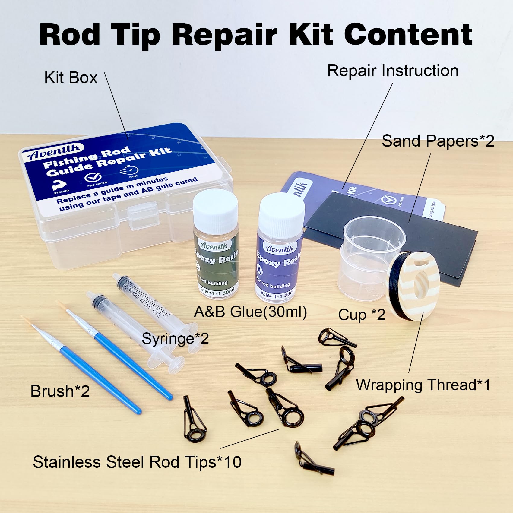 Aventik Fishing Rod Tip Repair Kit Complete with Rod Building Supplies, Glue, Wrapping Thread, Tips Top Eyelet Replacements for Fishing Pole Repair Kit(10pcs-Tip Repair Kit)